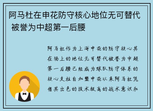 阿马杜在申花防守核心地位无可替代 被誉为中超第一后腰